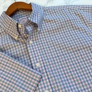 Brooks Brothers Men’s Pink Blue Plaid Short Sleeve Button Down Shirt Size L